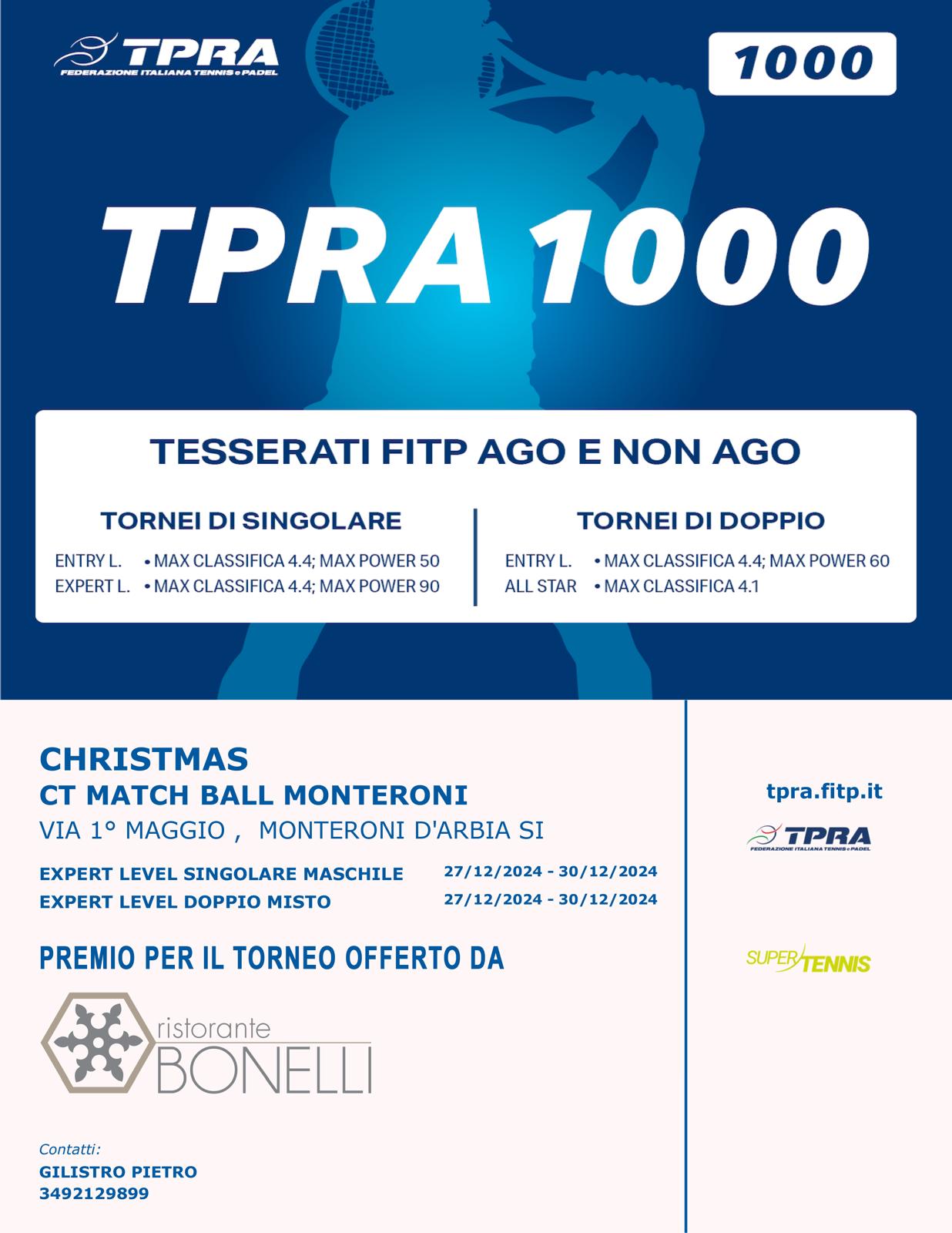 Tornei Tennis TPRA Christmas 2024 Monteroni d’Arbia Siena