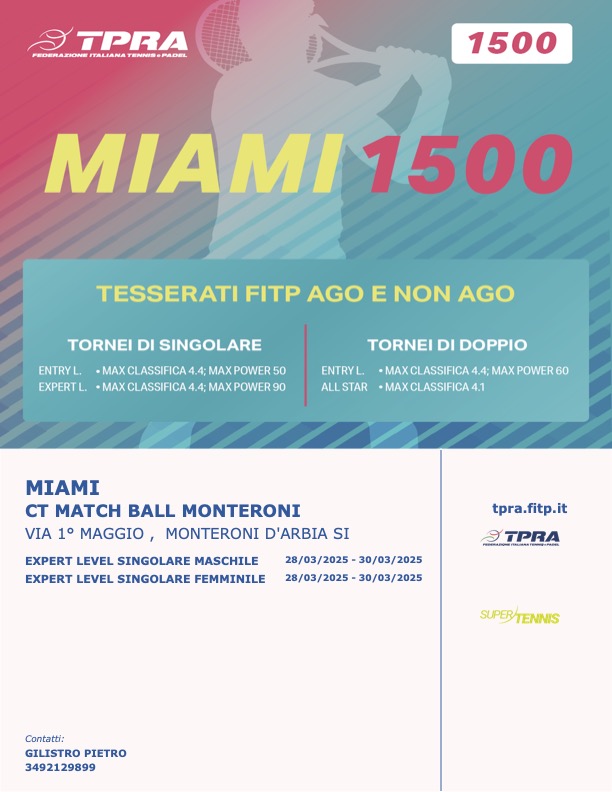 Nuovi tornei singolare maschile e femminile TPRA Miami 1500 – marzo 2025