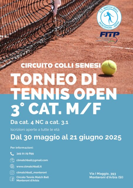 Nuovo torneo 3 categoria circuito colli senesi 25 FITP al Match Ball di Monteroni
