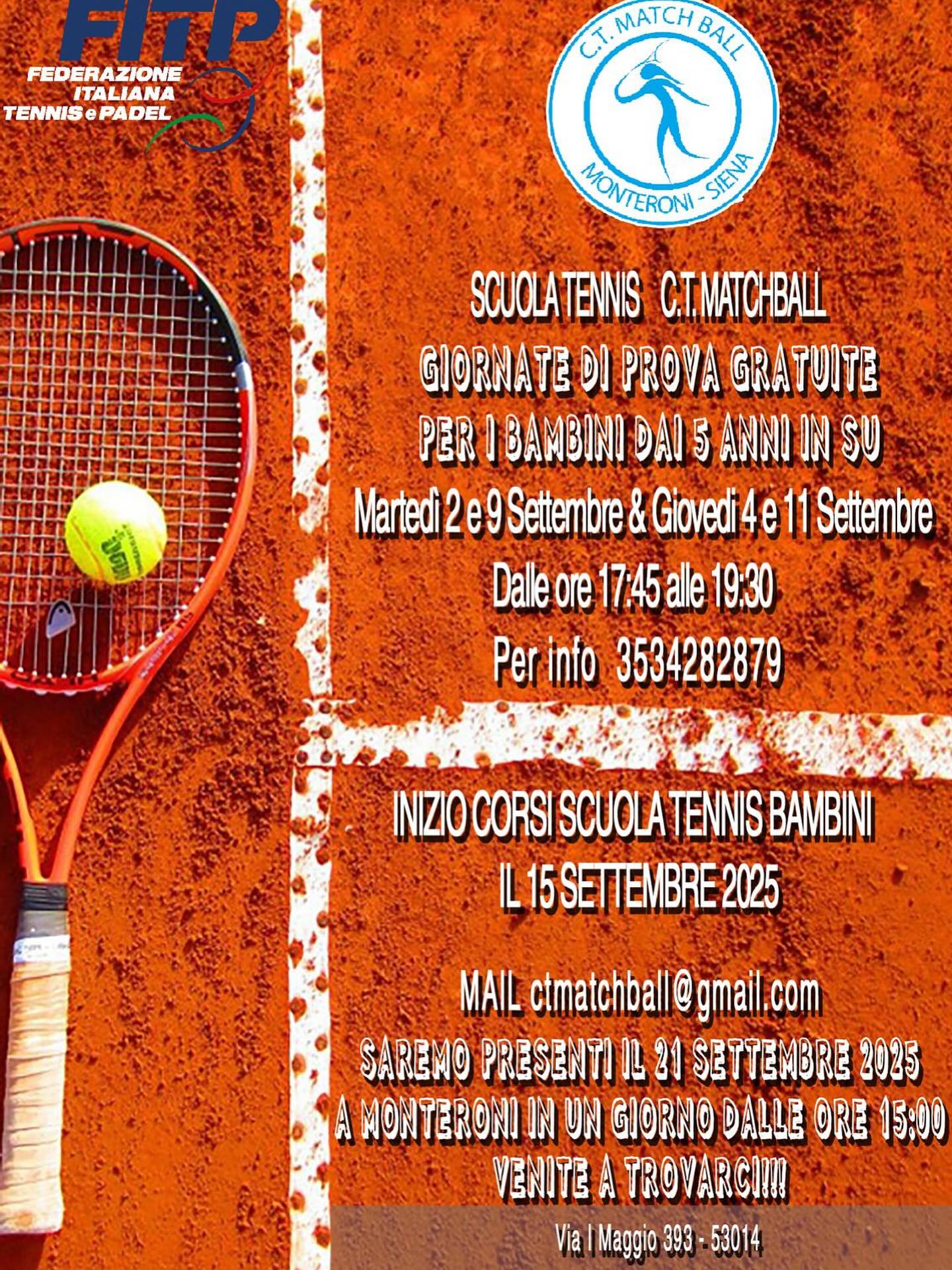 Giornate di prova gratuite Corsi di Tennis stagione 2025-26