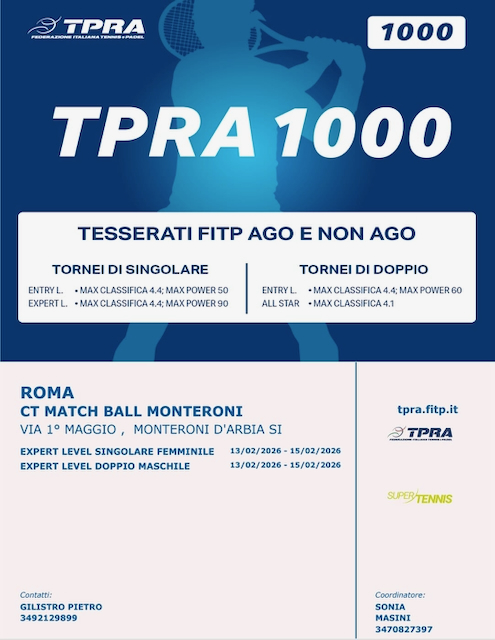 Nuovi Tornei Tennis TPRA Singolare Femminile e Doppio Maschile in arrivo al Match Ball a febbraio 2026