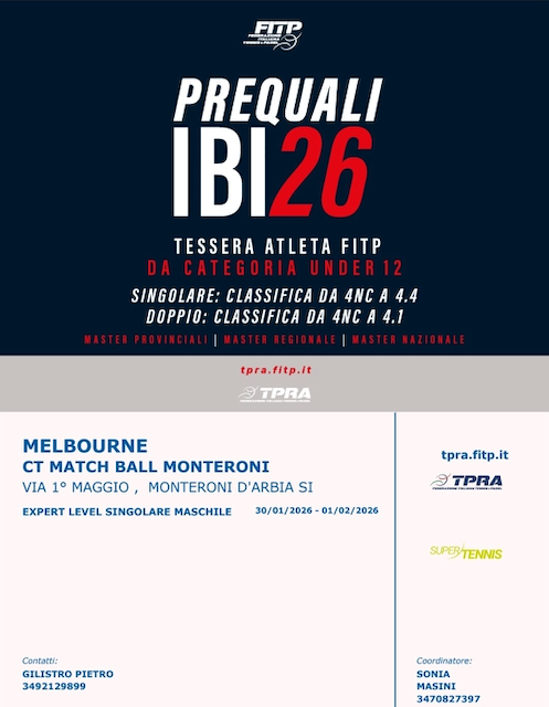 Nuovo Torneo Tennis TPRA Singolare Maschile in arrivo al Match Ball il 30 gennaio 2026